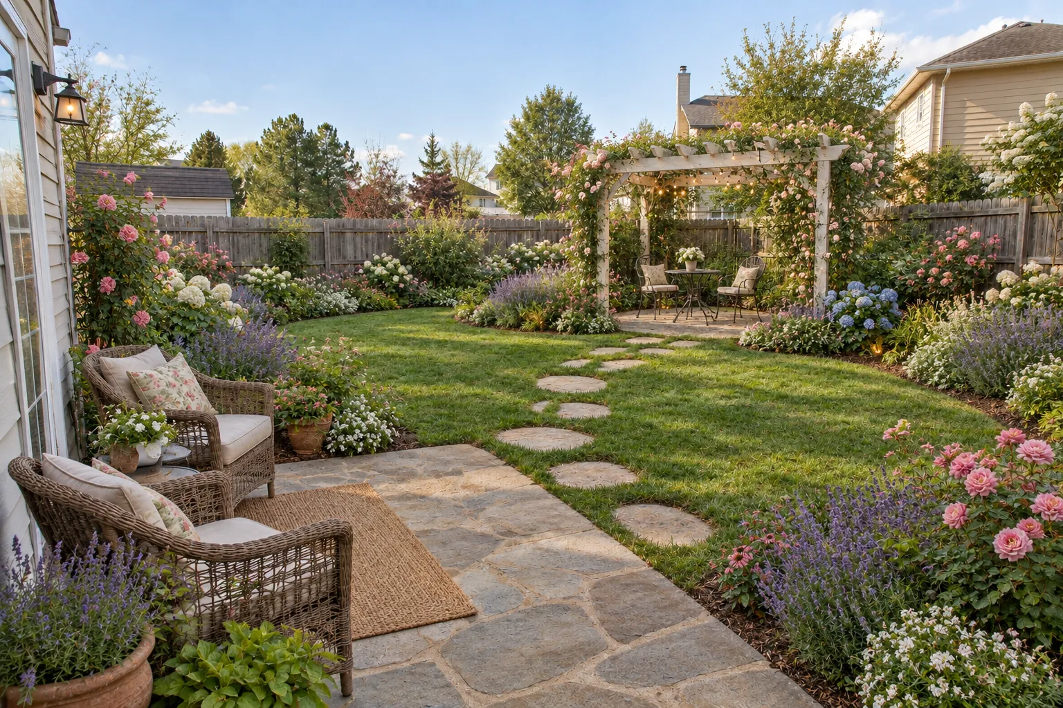 Cottage garden backyard with rose and lavender borders, a white wooden pergola and a stone stepping path, AI example design