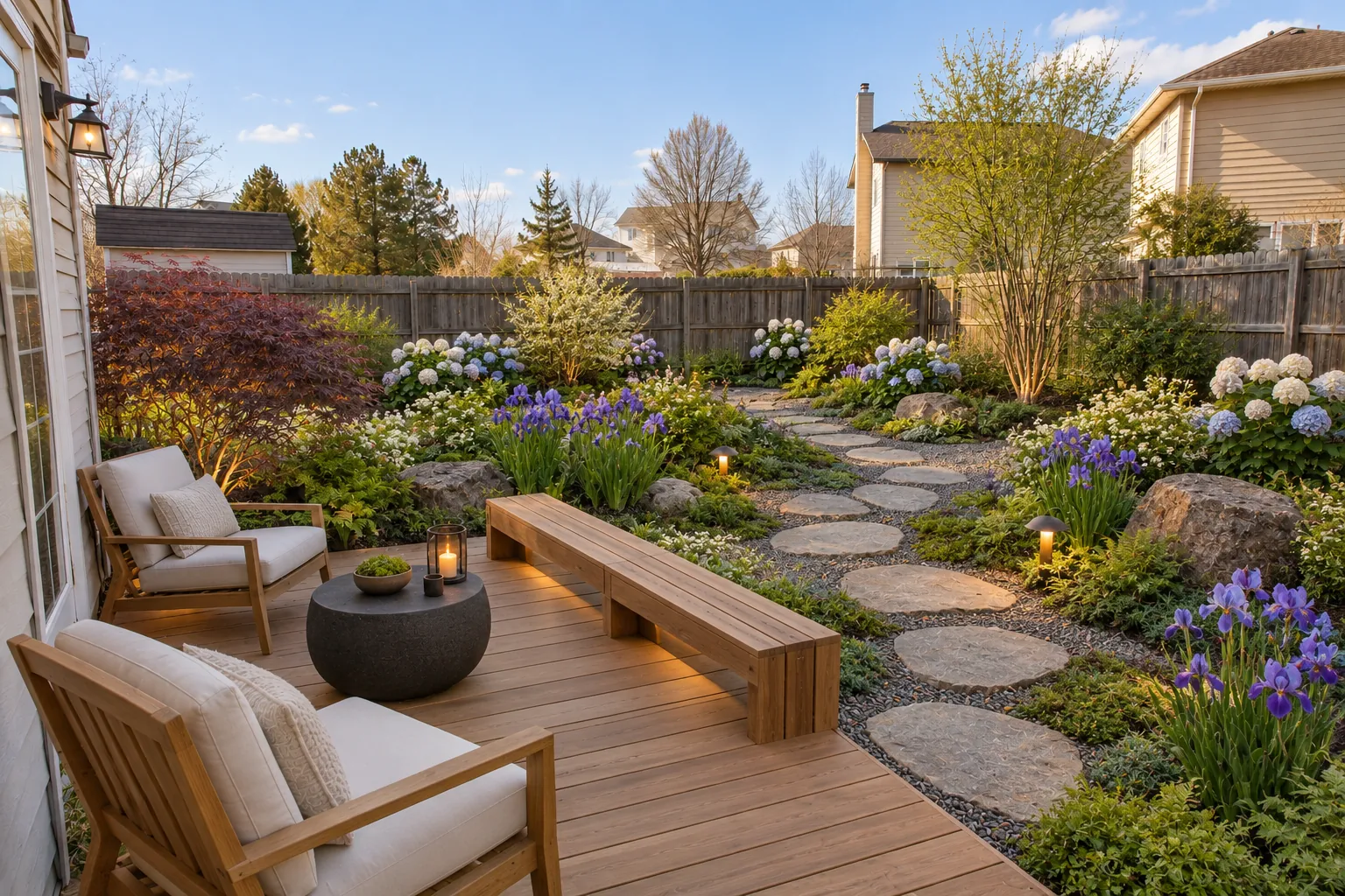 Japanese garden backyard with a cedar deck, stepping stones through gravel and purple irises with white hydrangeas, AI example design