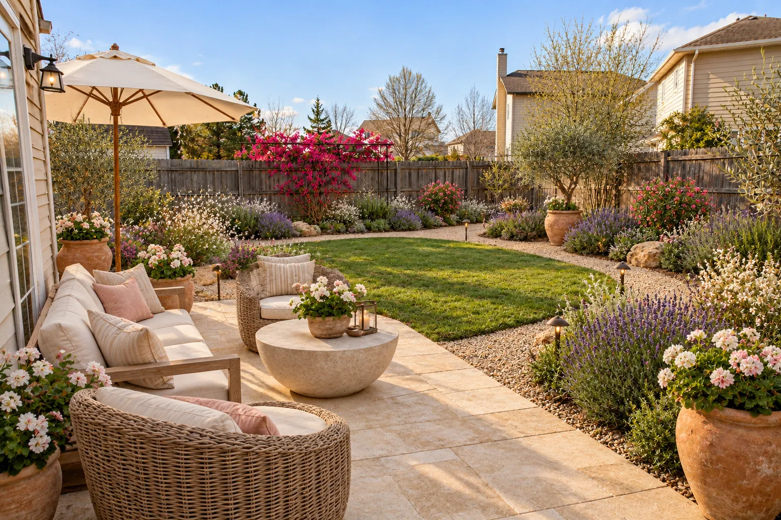 Mediterranean backyard with pink bougainvillea, terracotta pots of olive and lavender and wicker chairs under an umbrella, AI example design