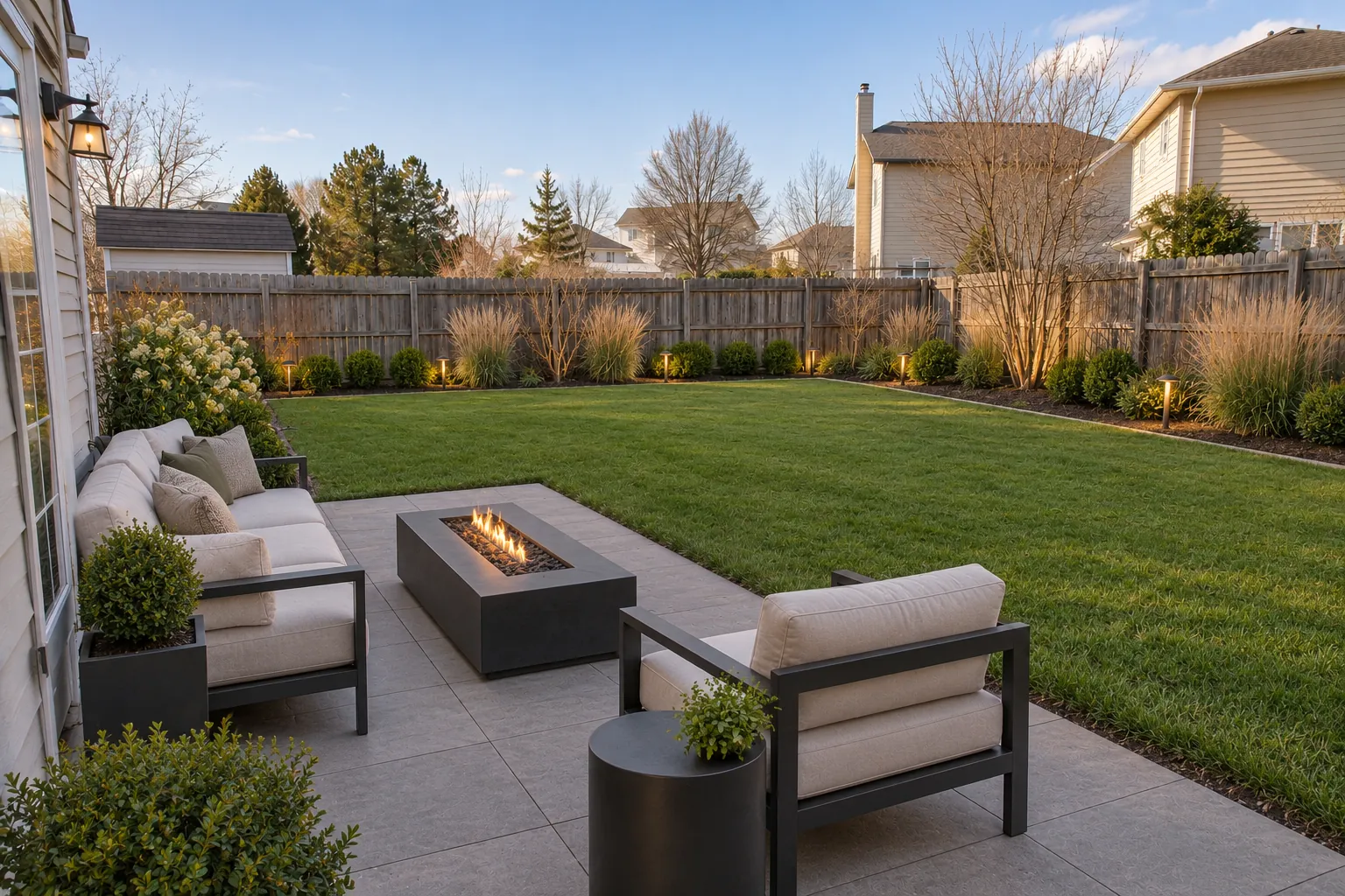 Modern backyard with a large gray paver patio, a rectangular fire table and a charcoal outdoor sofa set, AI example design