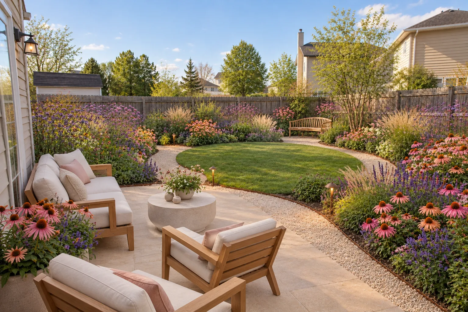 Naturalistic backyard with drifts of echinacea and ornamental grasses, a gravel path and a limestone patio with teak chairs, AI example design
