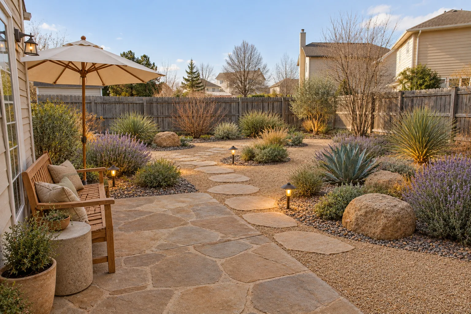 Xeriscape backyard with agave and lavender in gravel beds, a flagstone path and a wooden bench under a parasol, AI example design
