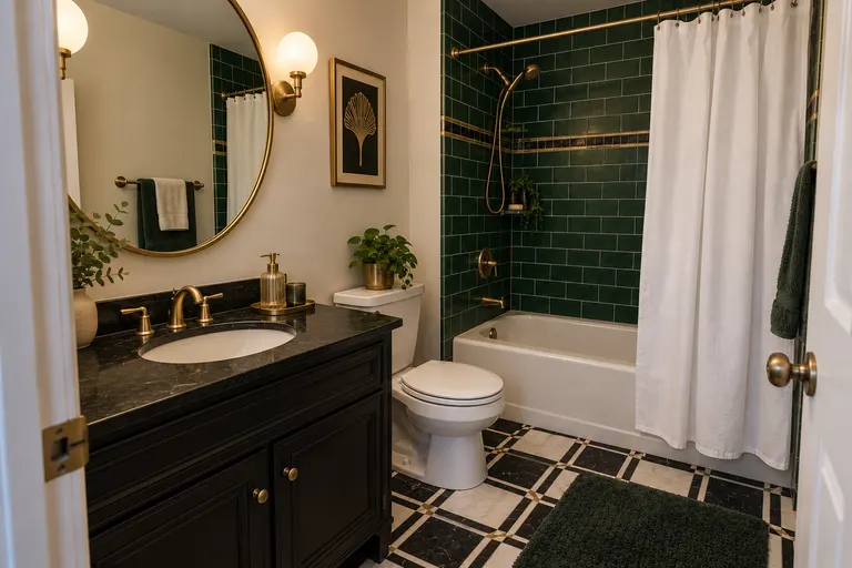 Art deco bathroom with emerald green shower tiles, a black lacquered vanity with brass pulls, a round brass mirror and a black and white geometric floor, AI example design