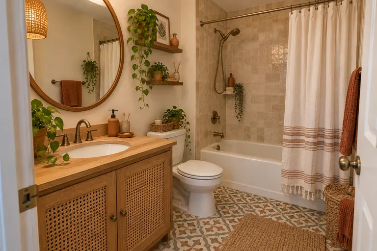 Boho bathroom with patterned cement floor tiles, a rattan-front wood vanity, a round mirror, terracotta towels and hanging plants, AI example design