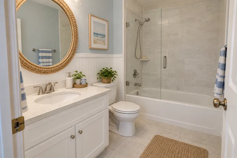 Coastal bathroom with white beadboard, pale blue walls, a white vanity, a round rattan mirror and blue striped towels, AI example design