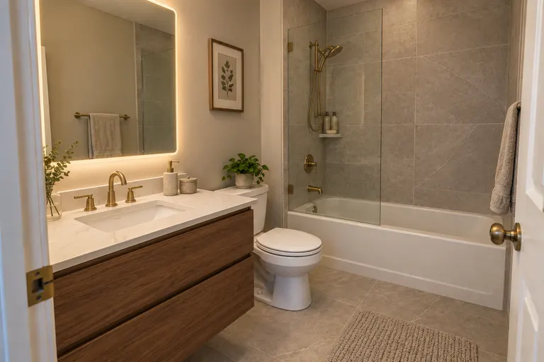 Contemporary bathroom with a walnut floating vanity, a backlit mirror, brushed brass fixtures and a frameless glass shower screen, AI example design