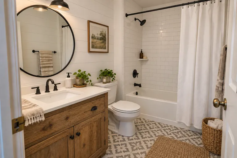 Farmhouse bathroom with white shiplap walls, a rustic wood vanity, a round black mirror and black and white patterned cement tiles, AI example design