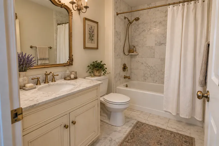 French country bathroom with a cream painted vanity, an ornate gilt-framed mirror, antique brass fixtures and white marble tiles, AI example design