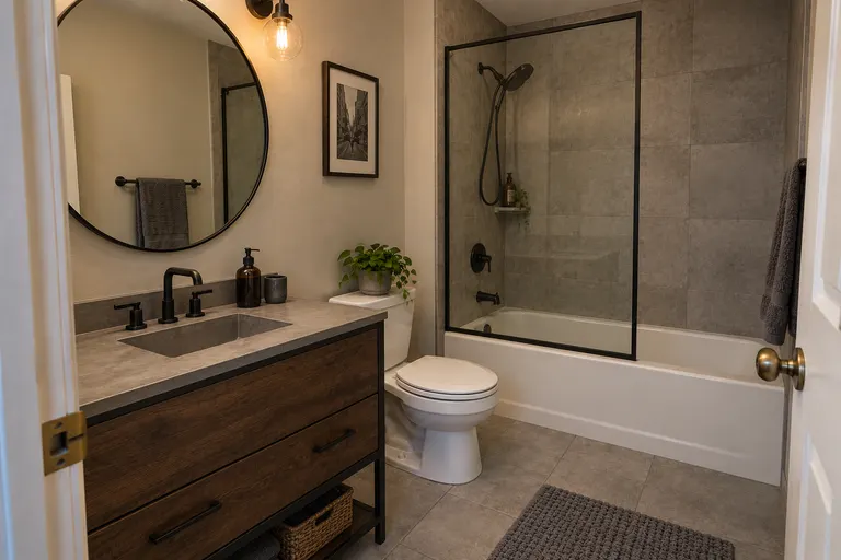 Industrial bathroom with concrete-look tiles, a dark wood vanity on a black metal frame, a black-framed glass shower screen and a round black mirror, AI example design