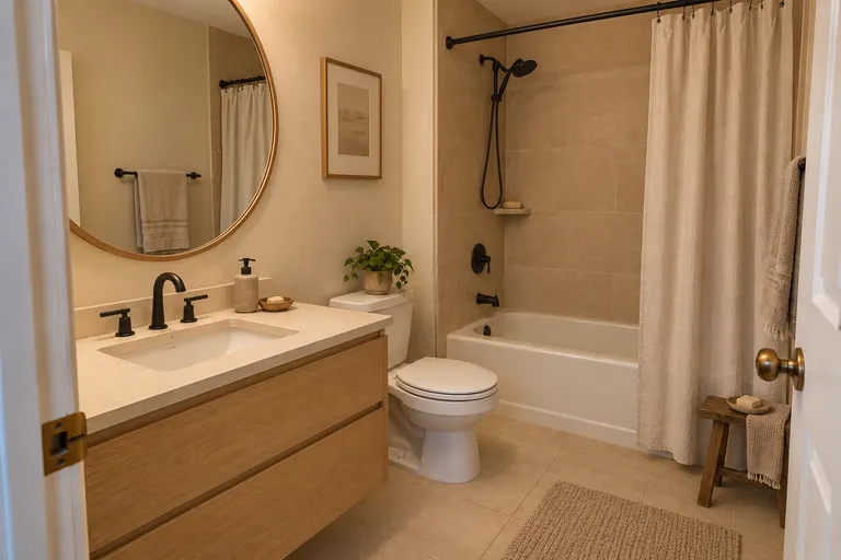 Japandi bathroom with a light oak floating vanity, a round wood-framed mirror, matte black fixtures and a wooden bath stool, AI example design