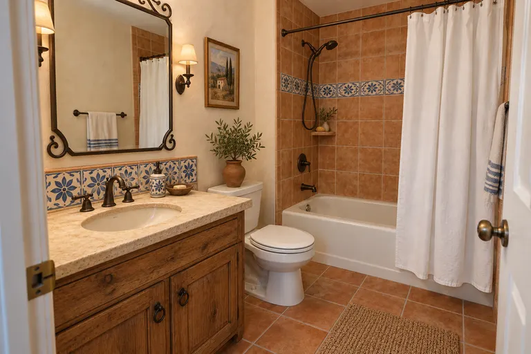 Mediterranean bathroom with terracotta tiles, a blue and white hand-painted tile band, a wrought-iron mirror and a rustic dark wood vanity, AI example design