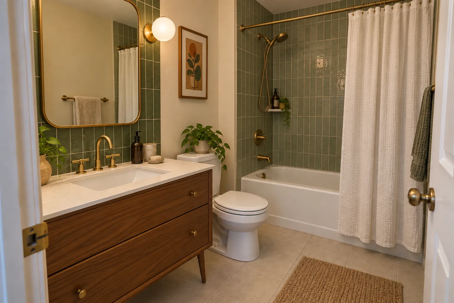 Mid-century modern bathroom with a walnut vanity on tapered legs, green glazed tiles, brass fixtures and a globe wall light, AI example design