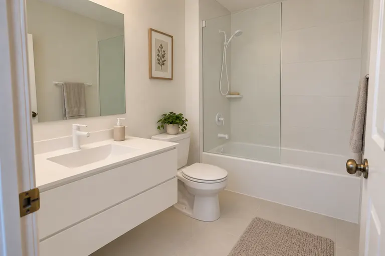 Minimalist bathroom with a white floating vanity, a frameless mirror, plain white tiles and a frameless glass shower screen, AI example design