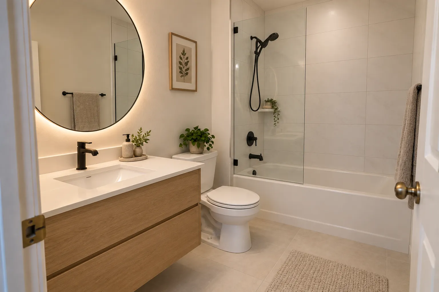 Modern bathroom with large white tiles, a round backlit mirror and matte black fixtures, AI example design