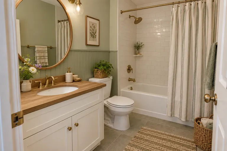 Modern cottage bathroom with sage green beadboard, a white vanity with a wood top, a round brass mirror and a striped shower curtain, AI example design