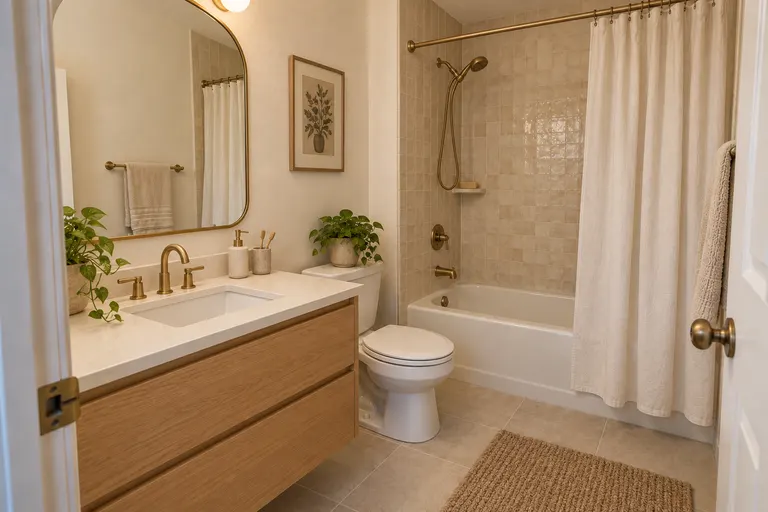 Organic modern bathroom with a floating light oak vanity, an arched brass mirror, cream handmade tiles and trailing green plants, AI example design