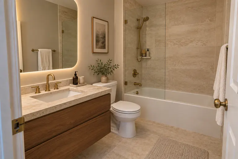 Quiet luxury bathroom with a floating walnut vanity, a rounded backlit mirror, brushed brass fixtures and travertine-look tiles, AI example design