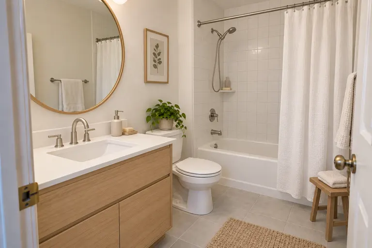 Scandinavian bathroom with white square tiles, a light oak vanity, a round mirror and a small wooden stool, AI example design