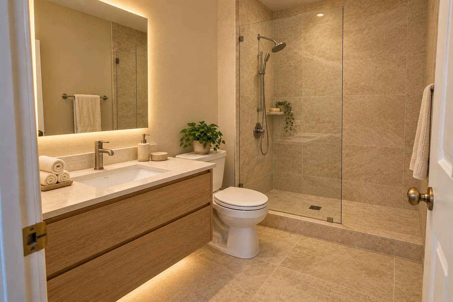 Spa bathroom with warm stone tiles, a floating wood vanity and a walk-in glass shower, AI example design