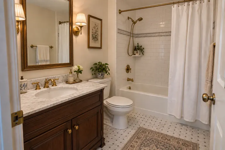 Traditional bathroom with a dark cherry wood vanity, white subway tiles with a blue border, brass sconces with pleated shades and an octagon mosaic floor, AI example design