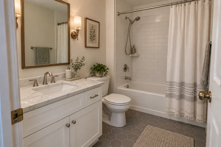 Transitional bathroom with a white shaker vanity, a dark wood mirror, brushed nickel fixtures and a gray hexagon tile floor, AI example design