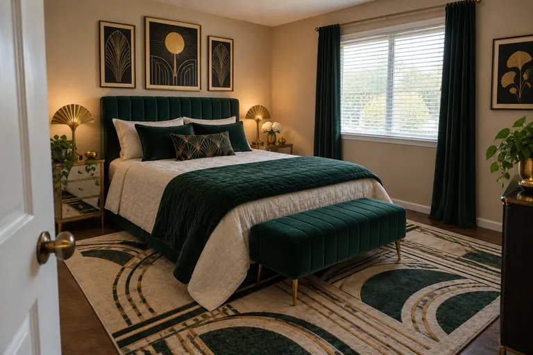 Art deco bedroom with an emerald velvet channel-tufted bed, brass fan lamps, mirrored nightstands and an emerald and gold rug, AI example design