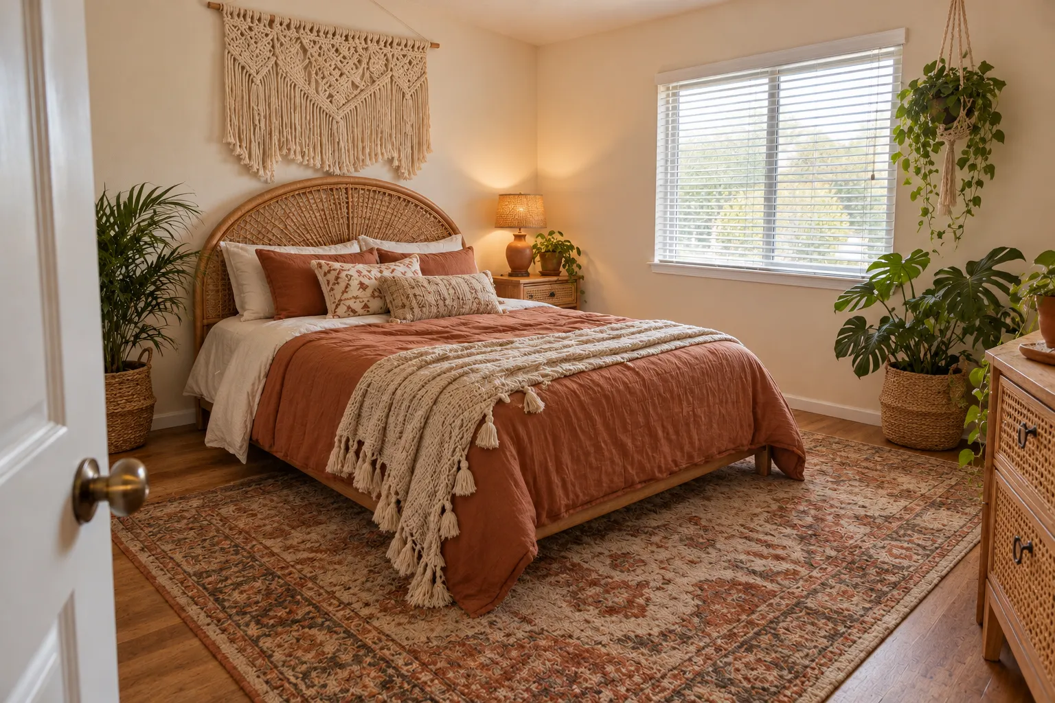 Boho bedroom with a rattan headboard, terracotta bedding and a macrame wall hanging, AI example design