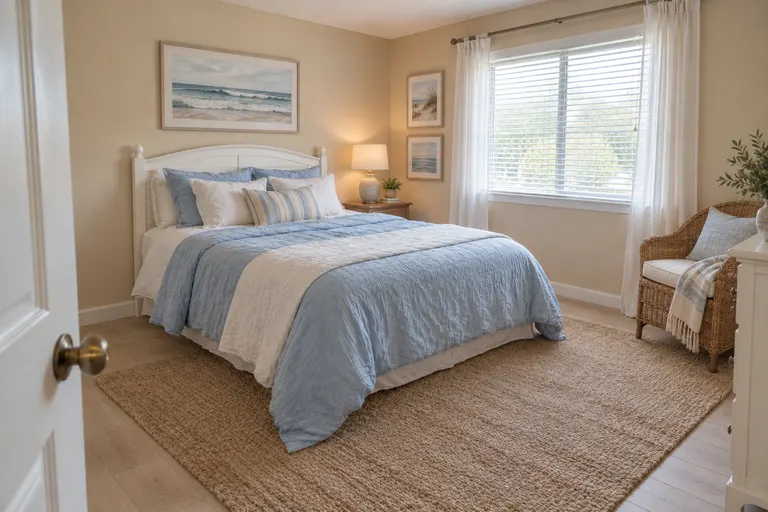 Coastal bedroom with a white wood bed, blue and white bedding, sheer white curtains, a rattan chair and framed ocean prints, AI example design
