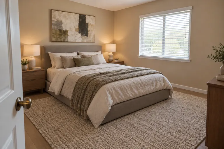 Contemporary bedroom with a gray upholstered bed, layered neutral bedding, a large abstract painting and a textured wool rug, AI example design