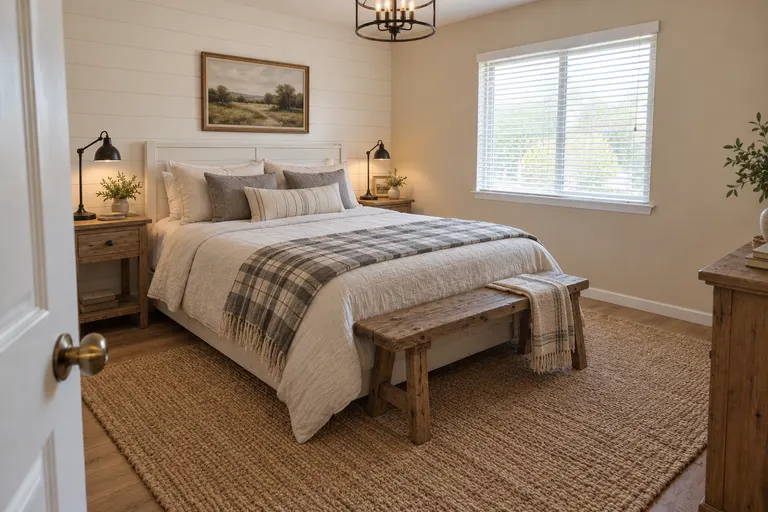 Farmhouse bedroom with a white shiplap wall, a white wood bed, a plaid throw, a rustic wood bench and a black iron chandelier, AI example design