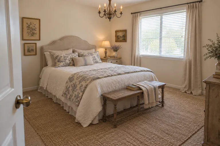 French country bedroom with an arched cream linen headboard, blue and white toile bedding, an iron candle chandelier and a rustic wood bench, AI example design