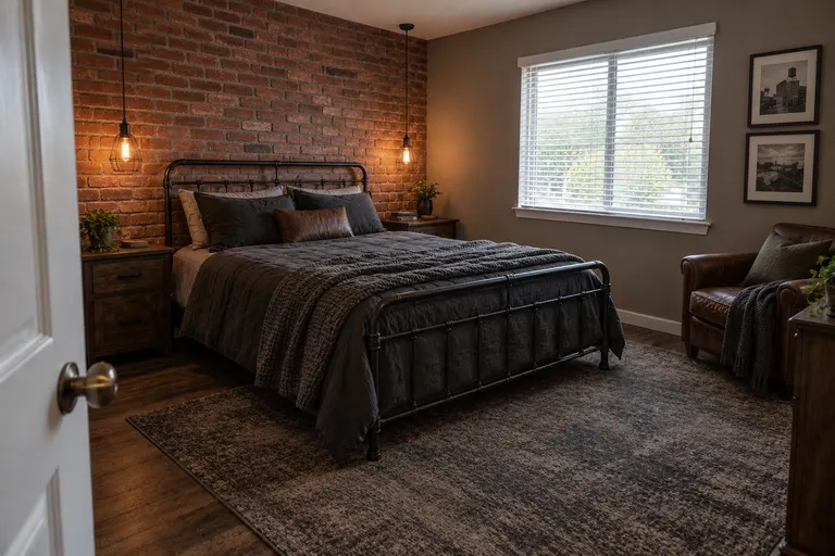Industrial bedroom with a red brick accent wall, a black metal bed, charcoal bedding, Edison bulb pendants and a brown leather chair, AI example design