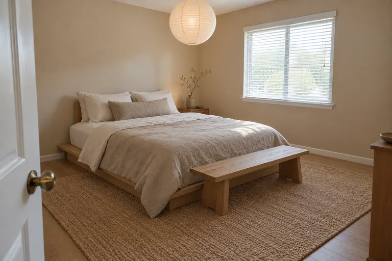 Japandi bedroom with a low light oak platform bed, linen bedding, a round paper pendant lamp and a wooden bench on a jute rug, AI example design