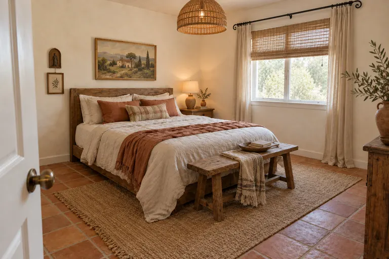 Mediterranean bedroom with a terracotta tile floor, a reclaimed wood bed with rust cushions, a rattan dome pendant and an olive tree, AI example design