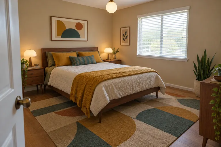 Mid-century modern bedroom with a walnut bed on tapered legs, a mustard throw, a teal and mustard geometric rug and mushroom table lamps, AI example design