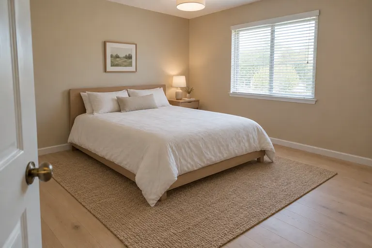 Minimalist bedroom with a pale wood bed, plain white bedding, one small landscape print and a light wood floor, AI example design
