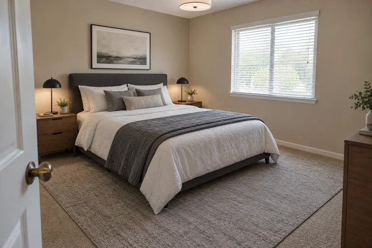 Modern bedroom with a dark gray upholstered headboard, white and gray bedding, black bedside lamps and a gray rug, AI example design
