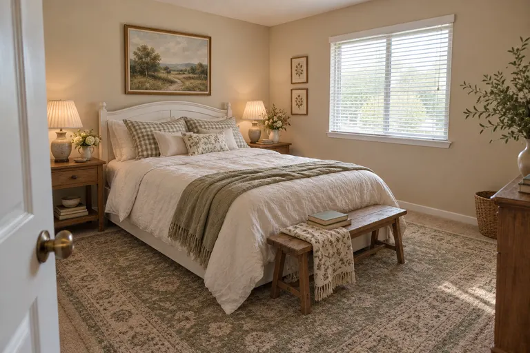 Modern cottage bedroom with a white painted bed, gingham and sage cushions, a bench with a floral quilt and fresh garden flowers, AI example design