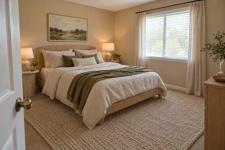 Organic modern bedroom with a curved light oak bed, an olive green throw, a round travertine side table and a woven wool rug, AI example design