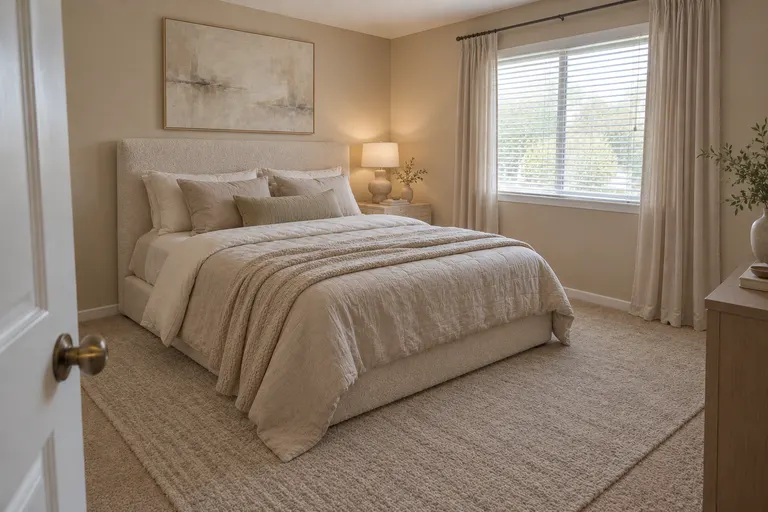 Quiet luxury bedroom with a cream boucle bed, layered cream and greige bedding, sculptural ceramic lamps and a soft abstract canvas, AI example design
