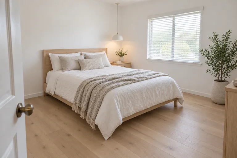 Scandinavian bedroom with a pale oak bed, white linen bedding and a light oak floor, AI example design