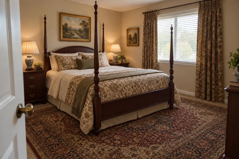 Traditional bedroom with a dark cherry four-poster bed, red and cream floral bedding, a red Persian-style rug and heavy floral drapes, AI example design