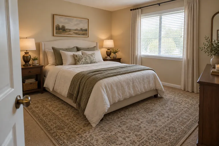 Transitional bedroom with a cream upholstered bed, a sage green throw, brass lamps with pleated shades and a faded patterned rug, AI example design