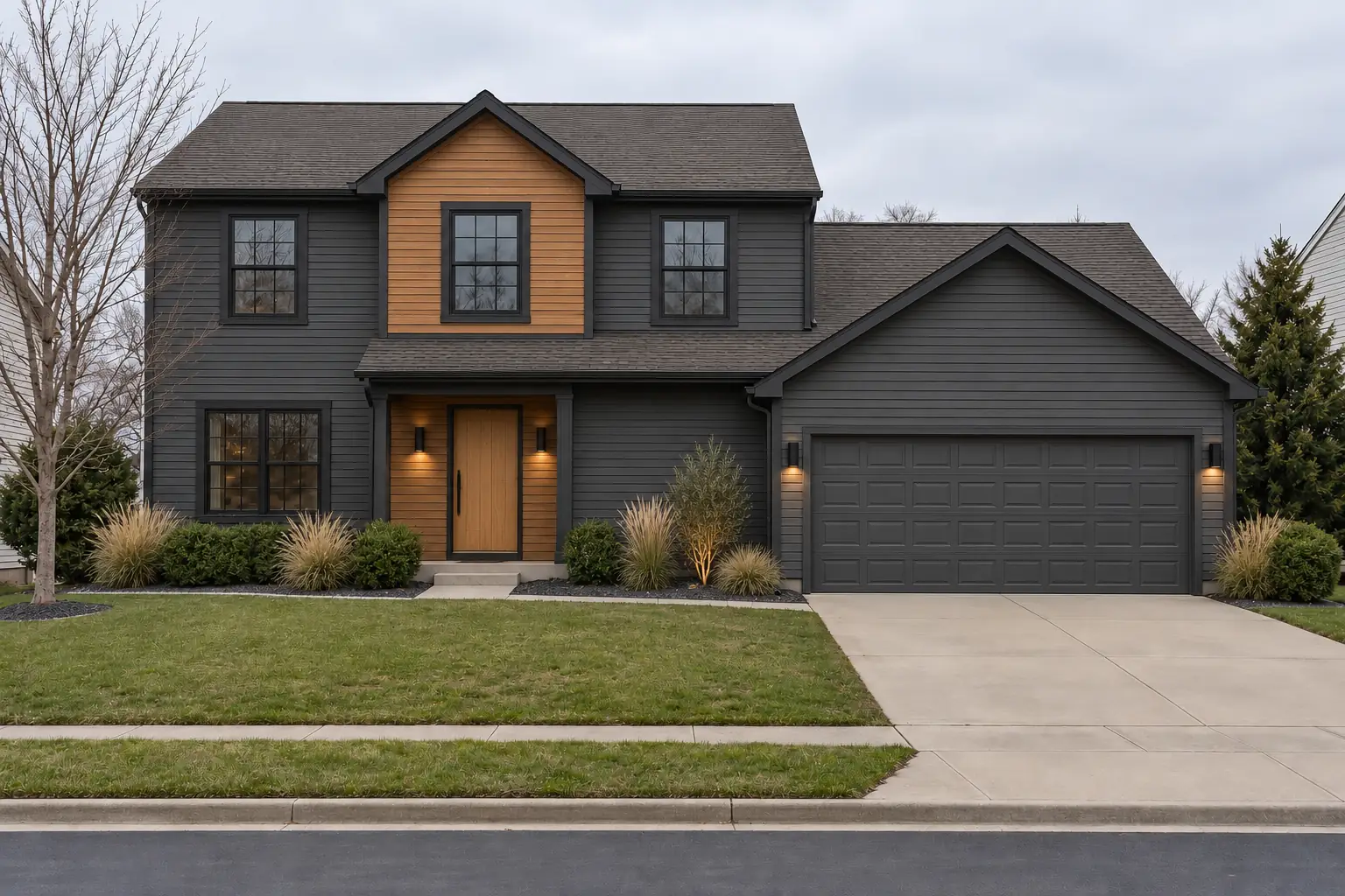 Contemporary house exterior with charcoal siding, natural wood accents and ornamental grasses, AI example design