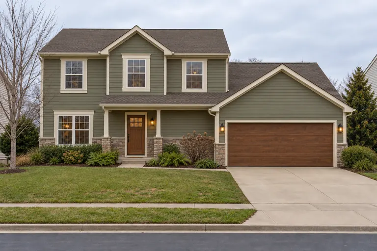 Craftsman house exterior with sage green siding, cream trim, a stone base and a stained wood front door and garage door, AI example design