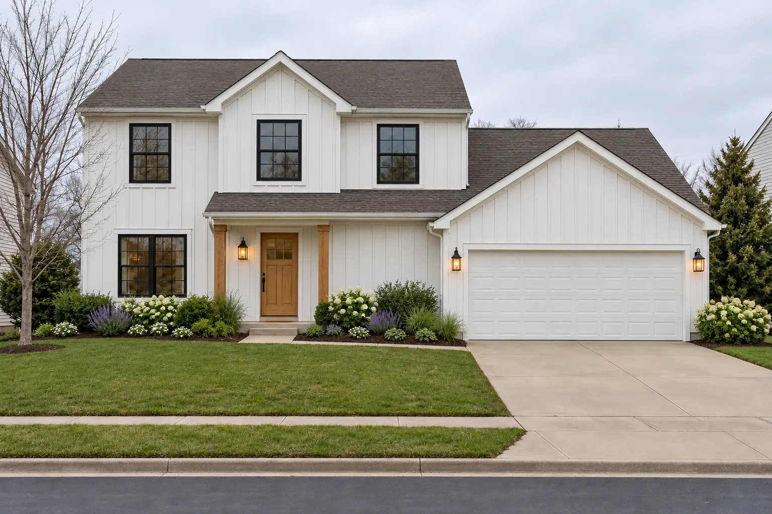 Modern farmhouse house exterior with white board-and-batten siding, black window frames and a wood porch, AI example design