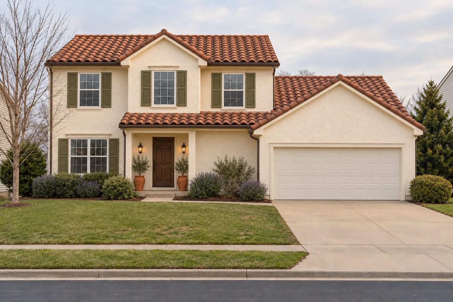 Mediterranean house exterior with cream stucco walls, a terracotta tile roof, olive green shutters and potted olive trees, AI example design