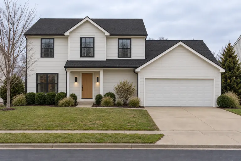 Modern house exterior with warm white siding, black window frames and a flat natural wood front door, AI example design