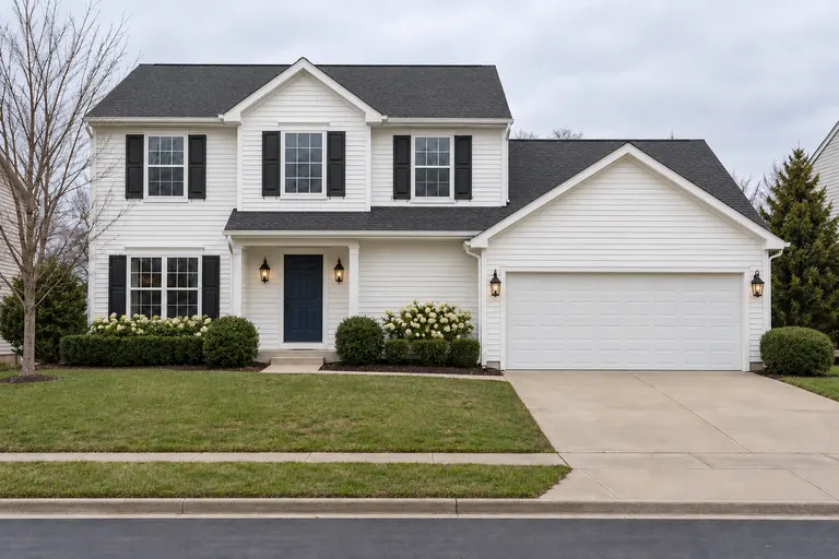 Traditional house exterior with white lap siding, black shutters, a navy front door and black carriage lights, AI example design