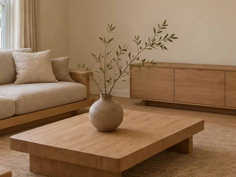 Japandi decor with a matte ceramic vase, a single leafy branch and a low oak coffee table, AI example design